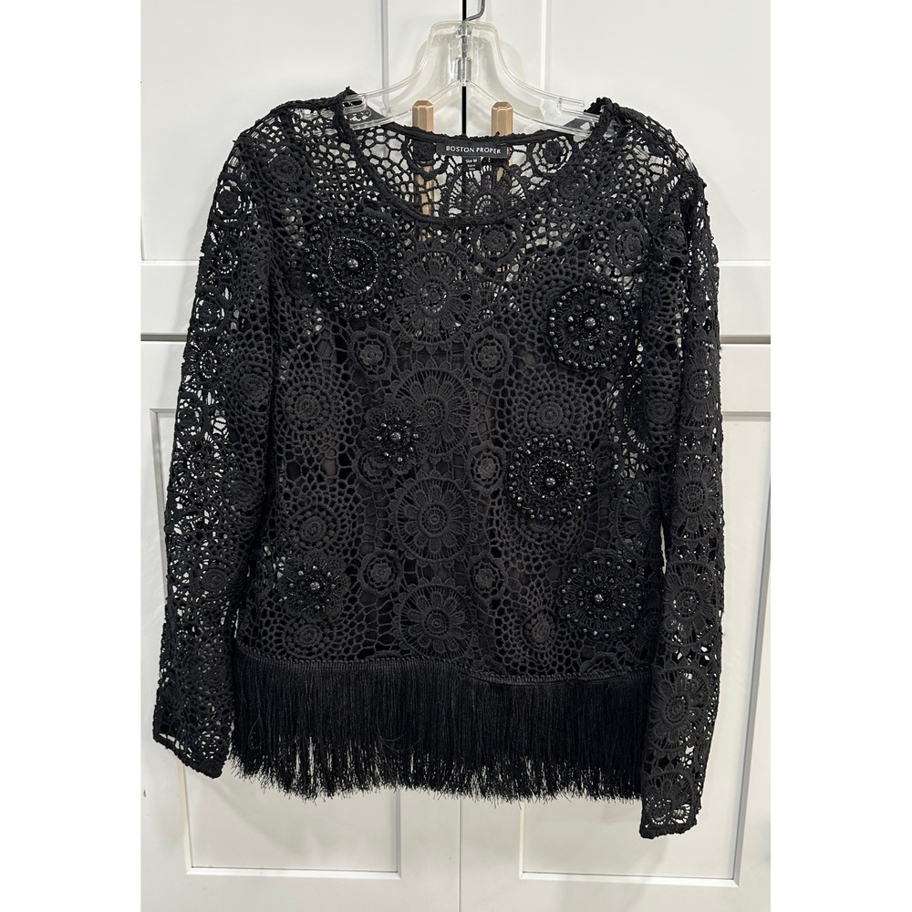 Boston Proper Crochet Lace Top Beaded Embellished Fringe Trim Black Bohemian M